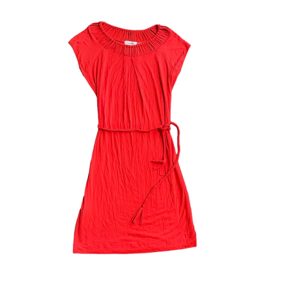 Calvin Klein Red Cap-Sleeve Belted Knit Dress